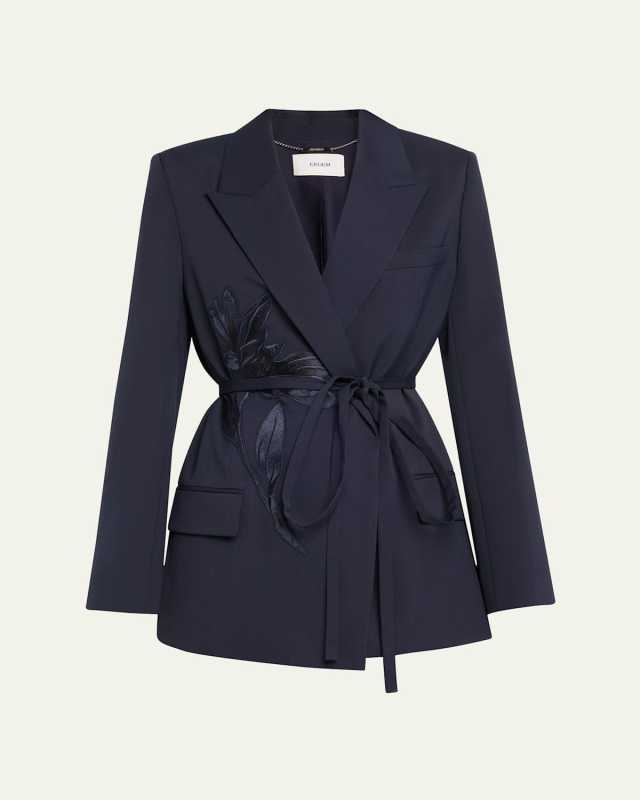 Flower Double-Breasted Belted Wool Blazer